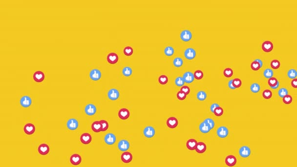 Animation Liknande Och Älskar Emoji Ikoner Flyger Över Gul Bakgrund — Stockvideo