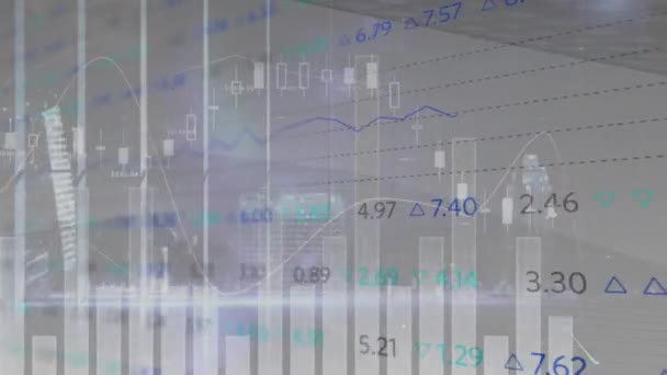 Animace Zpracování Statistických Burzovních Dat Proti Nočnímu Městu Globální Ekonomika — Stock video