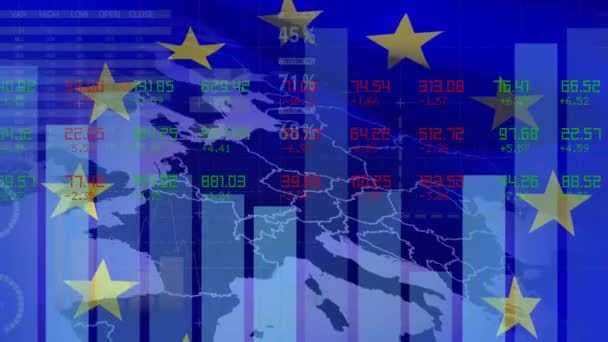 Animação Processamento Dados Financeiros Sobre Bandeira União Europeia Conceito Europeu — Vídeo de Stock