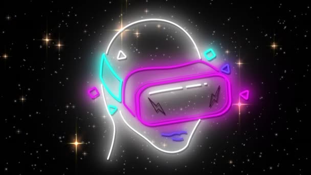 Animatie Van Neon Hoofd Met Headset Gloeiende Sterren Zwarte Achtergrond — Stockvideo