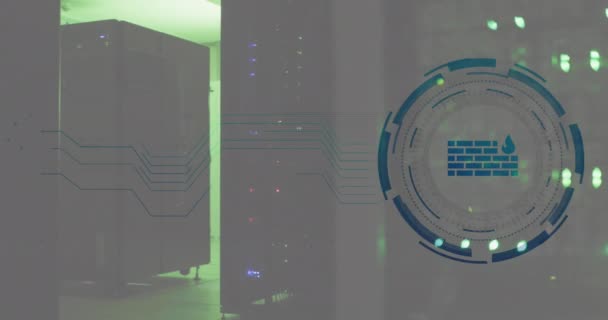Анимация Значка Брандмауэра Круглом Сканере Микропроцессорных Соединениях Против Серверной Концепция — стоковое видео