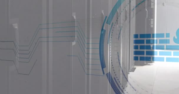 Animasi Ikon Firewall Atas Scanner Bulat Terhadap Ruang Server Komputer — Stok Video