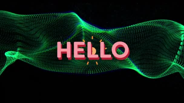 Animation Pink Hello Text Banner Green Digital Wave Black Background — Stock Video