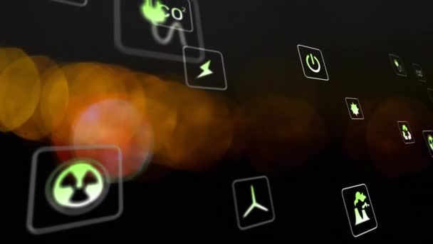 黒い背景に対する光のカラフルなスポット上の複数のデジタルアイコンのアニメーション 再生可能かつ持続可能なエネルギーコンセプト — ストック動画