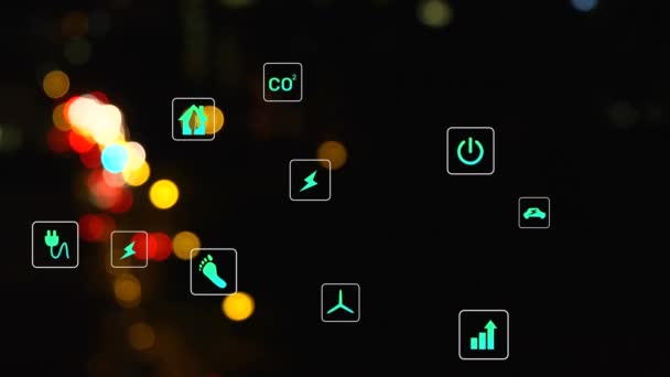 Animation Multiple Digital Icons Colorful Spots Light Black Background Renewable — Stock Video