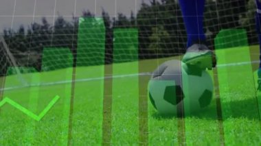 Beyazlı futbol oyuncusunun sahada top oynaması üzerine istatistik ve veri işleme animasyonu. Küresel spor, iş, finans, bilgisayar ve veri işleme kavramı dijital olarak oluşturulmuş video.