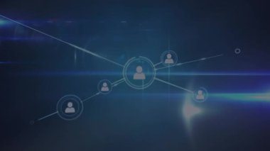 Mavi arkaplan üzerindeki simgelerle bağlantı ağının canlandırılması. Dijital olarak oluşturulmuş küresel bağlantılar, hesaplama ve veri işleme kavramı.