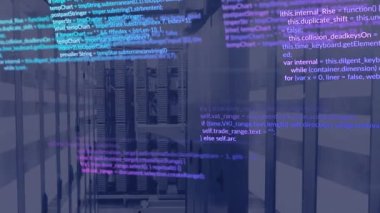 Bilgisayar sunucu odasındaki veri işleme ve ışık izlerinin animasyonu. Bilgisayar arayüzü ve iş veri depolama teknolojisi kavramı