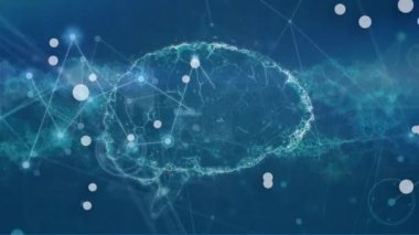 Dijital beyin üzerinde bağlantılı noktaların canlandırılması ve mavi arka planda DNA sarmalı. Dijital olarak üretilmiş, hologram, illüstrasyon, iletişim, molekül, yapay zeka ve teknoloji.