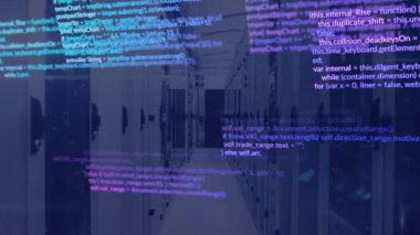 Bilgisayar sunucu odasına karşı veri işleme ve mozaik karelerin animasyonu. Bilgisayar arayüzü ve iş veri depolama teknolojisi kavramı