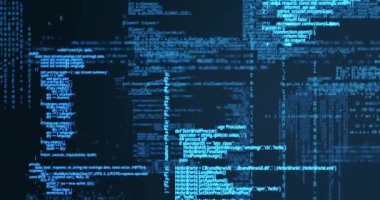 Karanlık arka planda dijital veri işleme animasyonu. Dijital olarak oluşturulmuş küresel bilgisayar ve veri işleme kavramı.