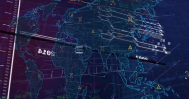 Animation of financial data processing over world map. Global business, finances, computing and data processing concept digitally generated video.