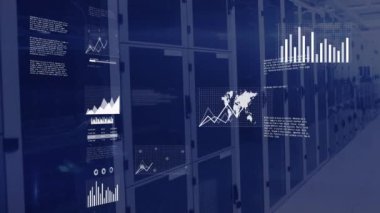 Animation of statistical data processing against computer server room. Computer interface and business data storage technology concept
