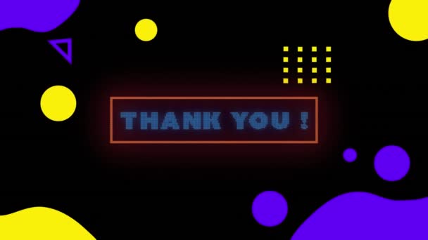 霓虹灯的动画感谢文字横幅在黄色和蓝色抽象形状的黑色背景上 电子游戏接口技术概念 — 图库视频影像
