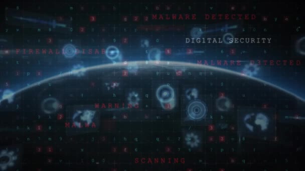 Animacja Skanerów Okrągłych Przetwarzanie Danych Cyberbezpieczeństwa Przeciwko Globusowi Kosmosie Koncepcja — Wideo stockowe