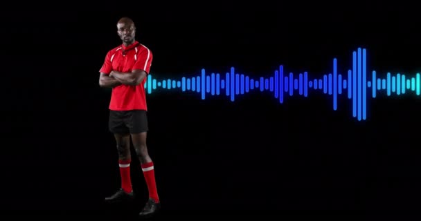 Animáció Afro Amerikai Férfi Sportoló Álló Karok Keresztbe Hanghullám Fekete — Stock videók