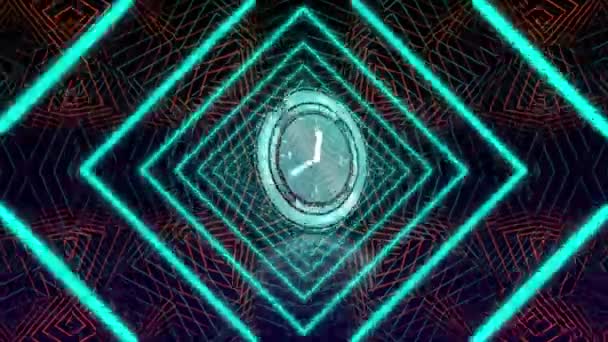 Animation Der Tickenden Uhr Über Neon Muster Auf Dunklem Hintergrund — Stockvideo