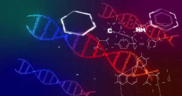 在紫色梯度背景下Dna和化学结构的动画 医学研究和科学技术概念 — 图库视频影像
