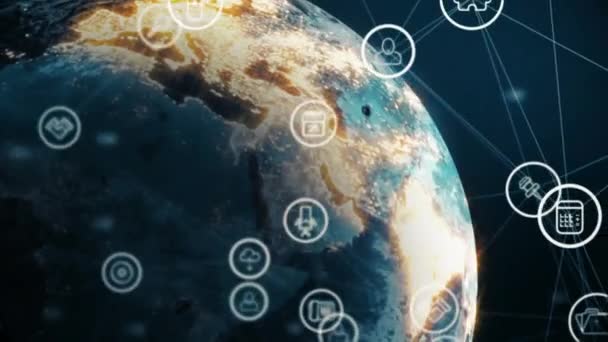 Animation Network Digital Icons Spinning Globe Blue Background Global Networking — Vídeos de Stock