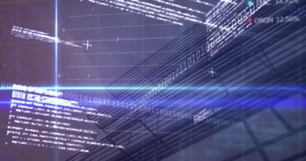 株式市場のデータ処理 背の高い建物の眺め上の青いライト トレイルのアニメーション グローバル経済とビジネスデータ技術コンセプト — ストック動画