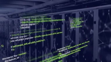 Bilgisayar sunucu odasına karşı veri işleme ve bağlantı ağının animasyonu. Bilgisayar arayüzü ve iş veri depolama teknolojisi kavramı