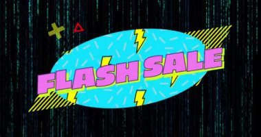 Geçmişe dönük canlı şablon arkaplan üzerindeki flash satış metninin animasyonu. Satışlar, perakende, alışveriş, dijital arayüz, iletişim, bilgisayar ve veri işleme kavramı dijital olarak oluşturuldu.