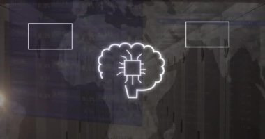 Bilgisayar sunucuları üzerinde ai simgeleri ve veri işleme animasyonları. Dijital olarak oluşturulmuş küresel yapay zeka, bilgisayar ve veri işleme kavramı.