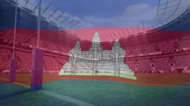 Ragbi stadyumuna karşı Kamboçya bayrağı sallamanın animasyonu. Vatanseverlik ve spor yarışması konsepti