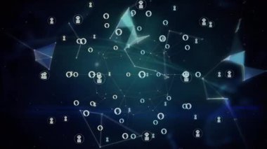 Mavi arkaplanda dönen pleksus ağları üzerindeki profil simgelerinin animasyonu. Küresel ağ ve iş teknolojisi kavramı