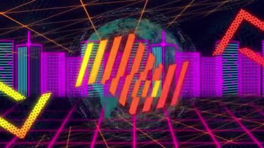 Neon desenli dünya animasyonu ve karanlık arka planda şehir manzarası. Video oyunu, dijital arayüz, iletişim, bilgisayar ve veri işleme kavramı dijital olarak oluşturuldu.