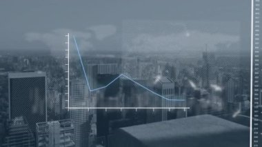 Şehir manzarasının havadan görüntüsüne karşı veri işleme arayüzünün animasyonu. Bilgisayar arayüzü ve iş teknolojisi kavramı
