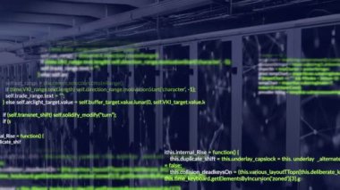 Bilgisayar sunucu odasına karşı veri işleme ve bağlantı ağının animasyonu. Bilgisayar arayüzü ve iş veri depolama teknolojisi kavramı