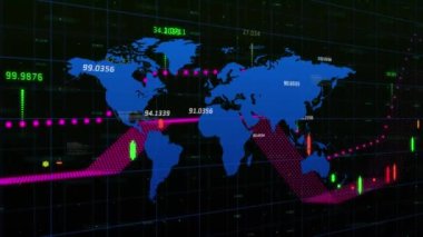 Finansal veri işleme animasyonu ve kara arkaplan üzerinde dünya haritası. Küresel iş, finans, hesaplama ve veri işleme kavramı dijital olarak oluşturulmuş video.