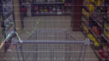 Alışveriş arabasında finansal veri işleme animasyonu. Küresel iş, finans, hesaplama ve veri işleme kavramı dijital olarak oluşturulmuş video.