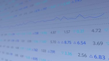 Animation of financial data processing over blue background. Global business, finances, computing and data processing concept digitally generated video.