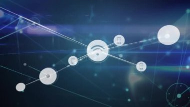 Karanlık arkaplandaki simgelerle bağlantı ağının animasyonu. Küresel bağlantılar, dijital arayüz, iletişim, bilgisayar ve veri işleme kavramı dijital olarak oluşturuldu.