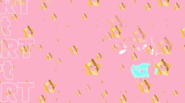 Başlangıç metninin pembe arka plandaki altın yıldızların üzerinden başlaması. Dijital olarak oluşturulmuş küresel sosyal medya, iletişim, hesaplama ve veri işleme kavramı.