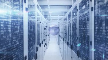 Bilgisayar sunucu odasında dönen dünyanın üzerindeki ışık noktalarının animasyonu. Küresel ağ ve iş veri depolama teknolojisi kavramı