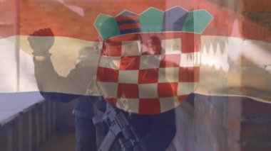 Çeşitli erkek askerler üzerinde Hırvat bayrağının canlandırılması. Vatanseverlik, silahlı kuvvetler ve dijital olarak üretilen ulusal savunma konsepti.