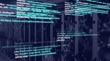 Bilgisayar sunucu odasına karşı veri işleme ve bağlantı ağının animasyonu. Bilgisayar arayüzü ve iş veri depolama teknolojisi kavramı