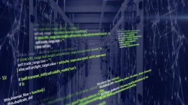 Bilgisayar sunucu odasına karşı veri işleme ve bağlantı ağının animasyonu. Bilgisayar arayüzü ve iş veri depolama teknolojisi kavramı