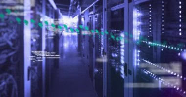 Animation of data processing and light spot against computer server room. Computer interface and business data storage technology concept