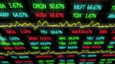 Siyah arkaplan üzerinden finansal veri işleme animasyonu. Küresel iş, finans, hesaplama ve veri işleme kavramı dijital olarak oluşturulmuş video.