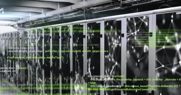 データ処理のアニメーションとコンピュータサーバールームに対する接続のネットワーク コンピュータインターフェイスとビジネスデータストレージ技術の概念 — ストック動画