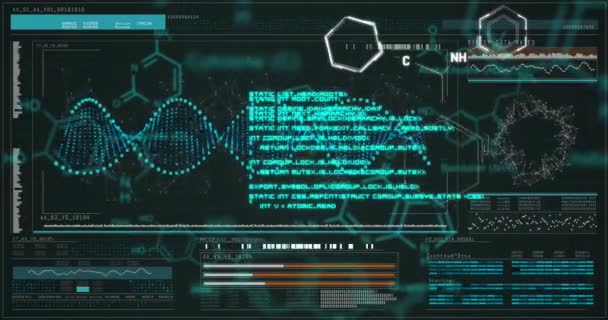 Animatie Van Chemische Structuren Interface Met Gegevensverwerking Tegen Zwarte Achtergrond — Stockvideo
