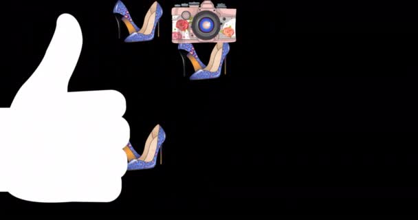 在黑色背景下 将大姆指放在高跟鞋和相机图标上的动画效果 数字生成的 全息图 抽象概念和技术概念 — 图库视频影像