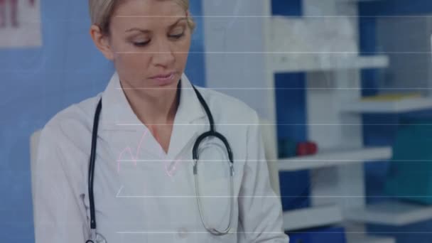 Animation Statistical Data Processing Caucasian Female Doctor Examining Ray Report — Wideo stockowe