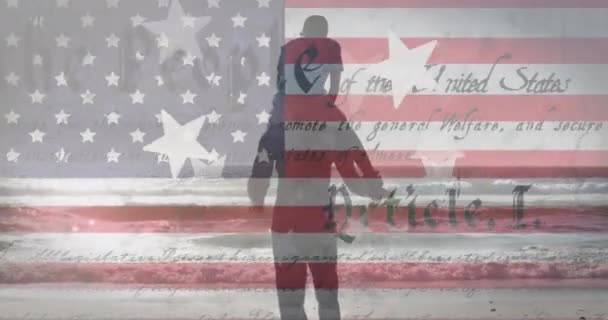 Animação Estrelas Bandeira América Visão Traseira Homem Carregando Menino Ombro — Vídeo de Stock