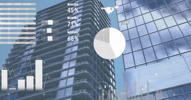 Animação Processamento Dados Financeiros Sobre Edifícios Modernos Conceito Global Negócios — Vídeo de Stock