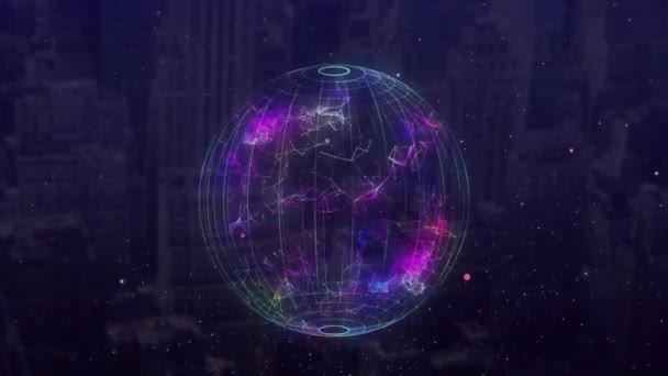 Beyaz Noktaların Dönen Kürenin Animasyonu Şehir Manzarasına Karşı Küresel Teknolojisi — Stok video